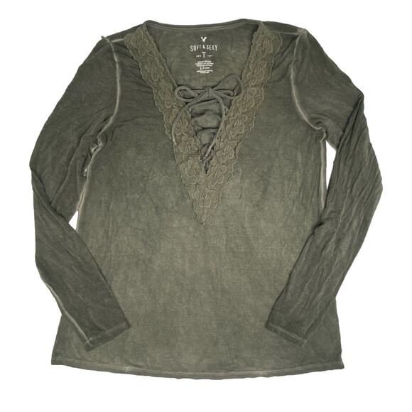 American Eagle Outfitters Tops - American Eagle Soft & Sexy T, V neck tie Long sleeve Size Small Color Gray